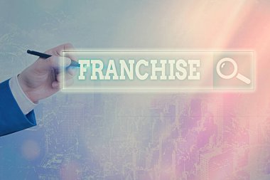 El yazısı Franchise. Bir hükümet tarafından bir kişi veya gruba verilen yetki anlamına gelen kavram dijital bilgi dijital bilgi fütüristik ağ bağlantısı.
