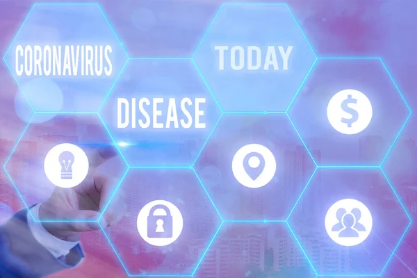Teksten met Coronavirus Ziekte. Conceptuele foto gedefinieerd als ziekte veroorzaakt door een nieuw virus SARSCoV2 Grids en verschillende opzet van de pictogrammen nieuwste digitale technologie concept. — Stockfoto