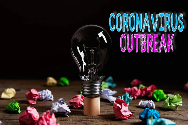 Woord schrijven tekst Coronavirus uitbraak. Business concept voor infectieziekten veroorzaakt door nieuw ontdekte COVID19 Realistische gekleurde vintage gloeilampen, idee sign solution thinking concept. — Stockfoto