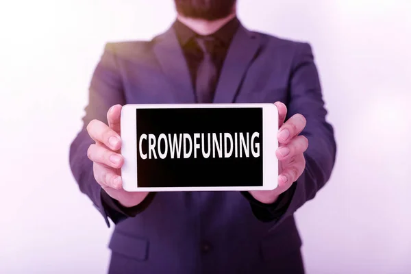 Text sign showing Crowdfunding. Conceptual photo project by raising a large number of small amounts of money Model displaying black screen modern smartphone mock-up for personal interest. — Stock Photo, Image