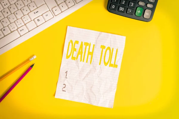 Írócetli a Halál Útjáról. Üzleti fotó bemutatja a halálesetek számát egy adott esemény Másolja le a helyet a notebook felett sárga háttér billentyűzet az asztalon. — Stock Fotó