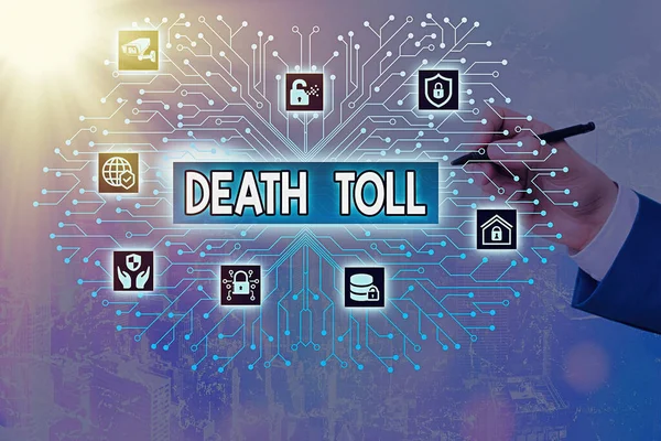 Escribiendo una nota que muestra el número de muertos. Foto comercial que muestra el número de muertes resultantes de un incidente particular Control del administrador del sistema, configuración de engranajes herramientas concepto. — Foto de Stock