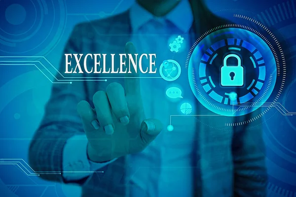 Word writing text Excellence. Business concept for standard of performance of simply being the best at something Graphics padlock for web data information security application system.