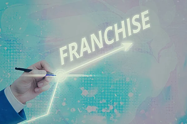 Kelime yazma Franchise. Bir hükümet oku sembolü tarafından bir birey veya gruba verilen yetki konsepti önemli başarıları gösteren yukarı doğru giden noktaları gösteriyor.