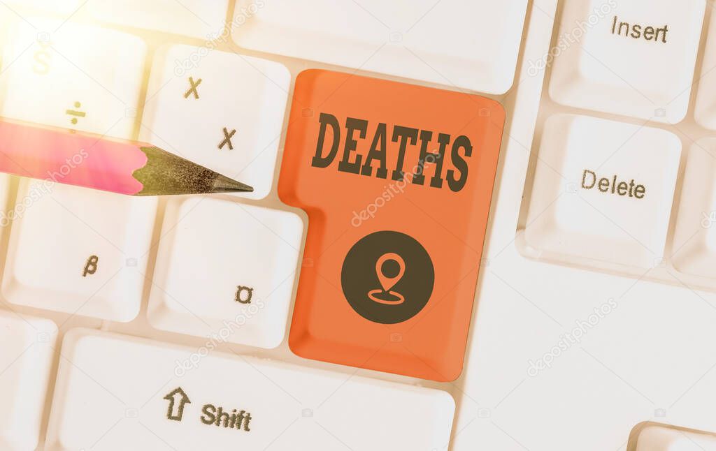 Handwriting text writing Deaths. Concept meaning permanent cessation of all vital signs, instance of dying individual Different colored keyboard key with accessories arranged on empty copy space.