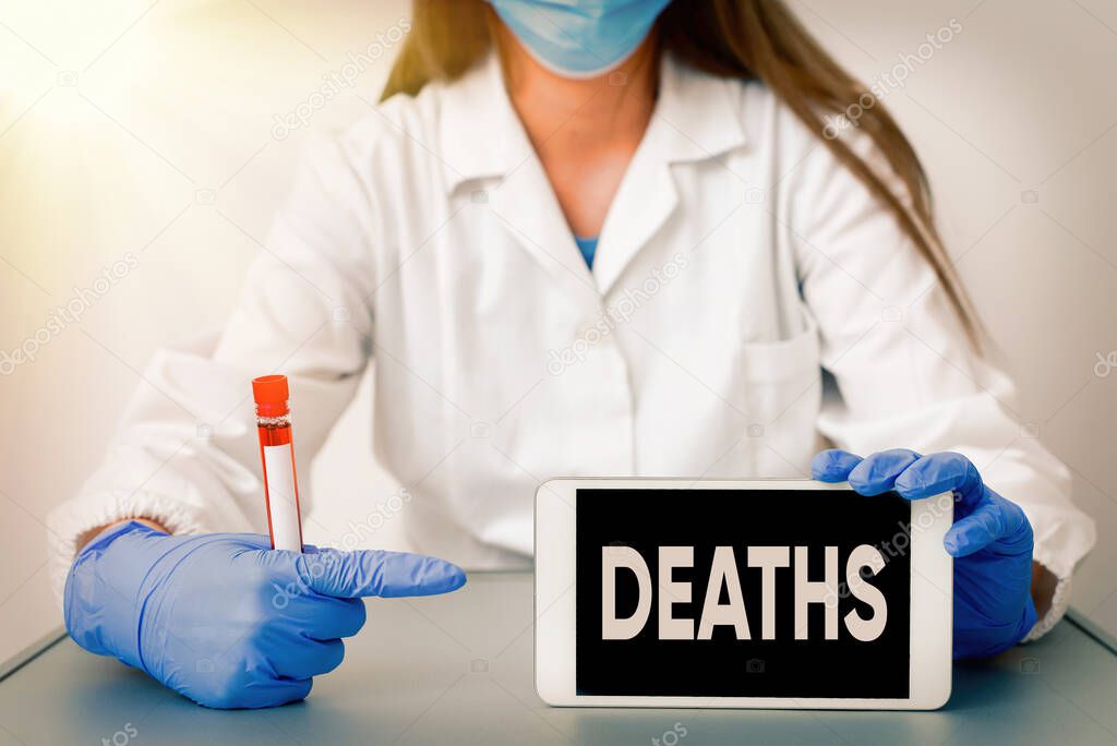 Writing note showing Deaths. Business photo showcasing permanent cessation of all vital signs, instance of dying individual Laboratory blood test sample for medical diagnostic analysis.