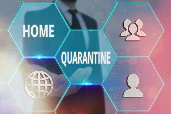 Почерк написания текста Home Quarantine. Концепция, означающая встречу с возможной экспозицией от общественности для наблюдения сетей и различные настройки иконок новейшей концепции цифровых технологий. — стоковое фото