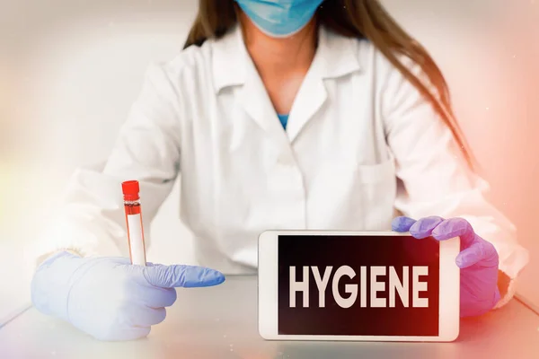 Schriftzug mit Hygiene. Business-Foto präsentiert Studie der Wissenschaft über die Einrichtung und Wartung von Gesundheit Labor Blutprobe für medizinische diagnostische Analyse. — Stockfoto