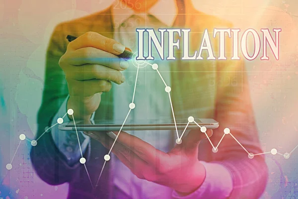 Inflációt mutató feljegyzés. Üzleti fotó, amely bemutatja az általános áremelkedést és a vásárolt pénz értékének csökkenését Nyíl szimbólum felfelé halad, ami jelentős teljesítményt mutat. — Stock Fotó