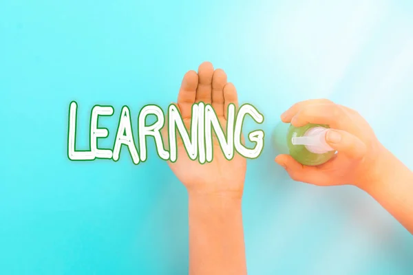 Handwriting text Learning. Concept meaning awareness or skills learned through training research or teaching Handwashing procedures for decontamination and minimizing bacterial growth. — Stock Photo, Image