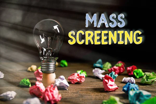 Writing note showing Mass Screening. Business photo showcasing health evaluation performed at a large amount of population Realistic colored vintage light bulbs, idea sign solution.