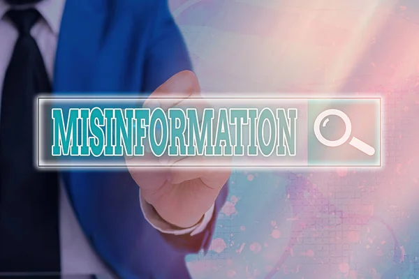 Handwriting text writing Misinformation. Concept meaning false data, in particular, intended intentionally to deceive Web search digital information futuristic technology network connection. — Stock Photo, Image