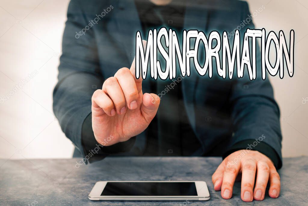 Text sign showing Misinformation. Conceptual photo false data, in particular, intended intentionally to deceive Model displaying black screen modern smartphone mock-up for personal interest.