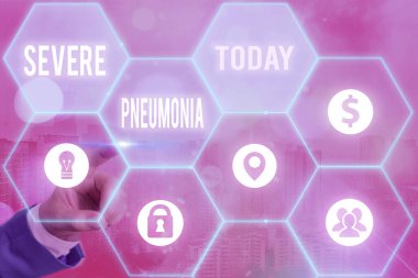Text sign showing Severe Pneumonia. Conceptual photo acute disease that is marked by inflammation of lung tissue Grids and different set up of the icons latest digital technology concept. clipart