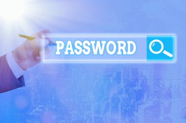 Parola yazan el yazısı metni. Bir şeye erişmek için kullanılacak gizli kelime veya ifade kavramının anlamı Web arama dijital bilgi fütüristik teknoloji ağı bağlantısı.