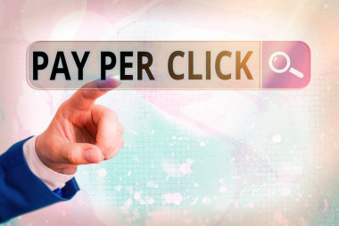Kelime yazarlığı, tıklama başına öde. İnternet pazarlaması için iş konsepti, ödemenin tıklamalı web arama dijital bilgi fütüristik teknoloji ağı bağlantısına dayandığı konsept.