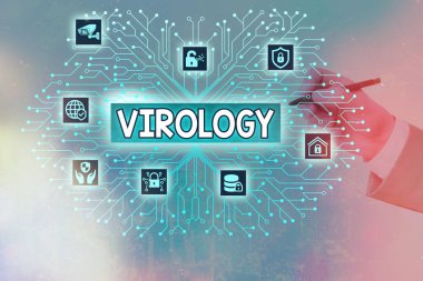 Virolojiyi gösteren bir not yazıyorum. Bilimin iş fotoğraflama bölümü viral etkenler ve hastalık kontrol, vites ayarlama araçları konsepti.