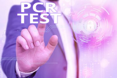 El yazısı PCR Testi. DNA grafiklerinin kısa seqeunce içerisindeki viral genomun niteliksel tespiti anlamına gelen kavrama web veri güvenlik uygulaması için asma kilit.