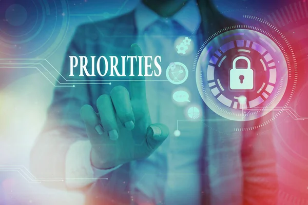 Word writing text Priorities. Business concept for more important is the fact or state of being viewed or handled Graphics padlock for web data information security application system. — Stock Photo, Image