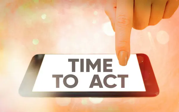 Text sign showing Time To Act. Conceptual photo the right moment to start working or doing stuff right away Modern gadgets with white display screen under colorful bokeh background. — Stock Photo, Image