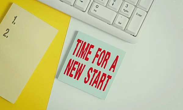 Handwriting text Time For A New Start. Concept meaning the beginning of an event or process Kick off Empty blank paper with copy space and pc keyboard above orange background table. — Stock Photo, Image