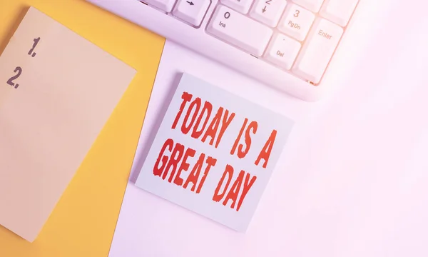 Handwriting text Today Is A Great Day. Concept meaning the expression of willingness and even eagerness Empty blank paper with copy space and pc keyboard above orange background table. — Stock Photo, Image