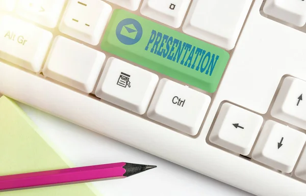Text sign showing Presentation. Conceptual photo demonstrates and explains a new product idea or piece of work Different colored keyboard key with accessories arranged on empty copy space.