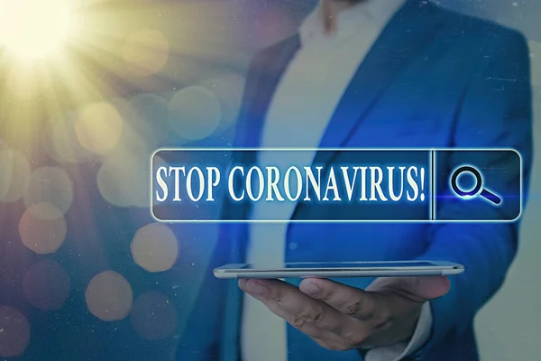 Skrivande text Stoppa Coronavirus. Begreppet mening Sjukdom medvetenhet kampanj för att minska COVID19 fall Webbsökning digital information futuristisk teknik nätverksanslutning. — Stockfoto