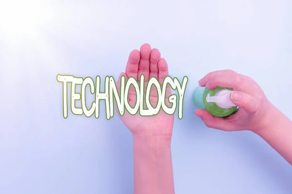 Tekst pisma Technika. Koncepcja wykorzystania wiedzy naukowej do celów praktycznych w przemyśle Procedury mycia rąk w celu odkażania i minimalizowania wzrostu bakterii. — Zdjęcie stockowe