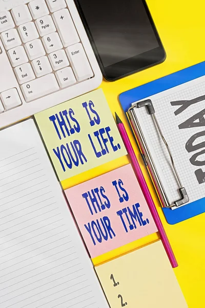 Writing note showing This Is Your Life. This Is Your Time.. Business photo showcasing do whatever you think pleases you Empty papers with copy space on yellow background table. — Stock Photo, Image