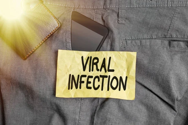 Writing note showing Viral Infection. Business photo showcasing Specific attack of the cells from the reproduction of harmful virus Smartphone device inside trousers front pocket with wallet.