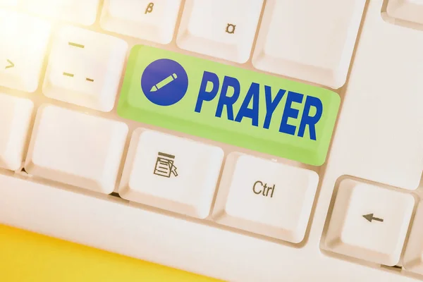 Text sign showing Prayer. Conceptual photo solemn request for help or expression of thanks addressed to God Different colored keyboard key with accessories arranged on empty copy space. — Stock Photo, Image