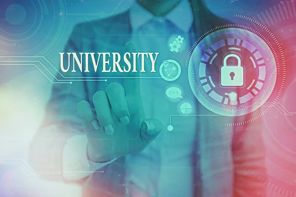 Word writing text University. Business concept for an educational institution designed to teach and investigate Graphics padlock for web data information security application system.
