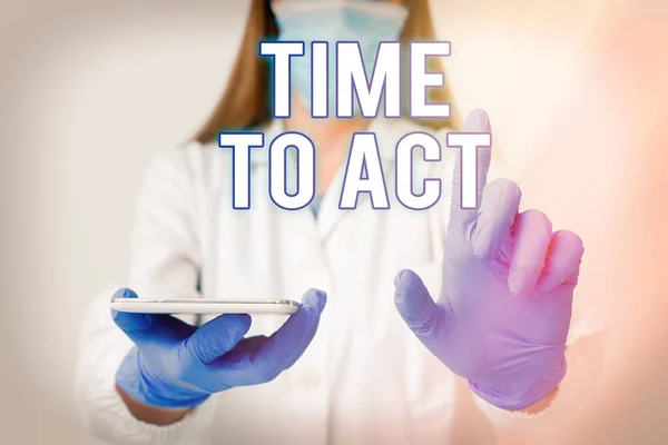 Conceptual hand writing showing Time To Act. Business photo showcasing the right moment to start working or doing stuff right away Laboratory technician featuring paper accessories smartphone. — Stock Photo, Image