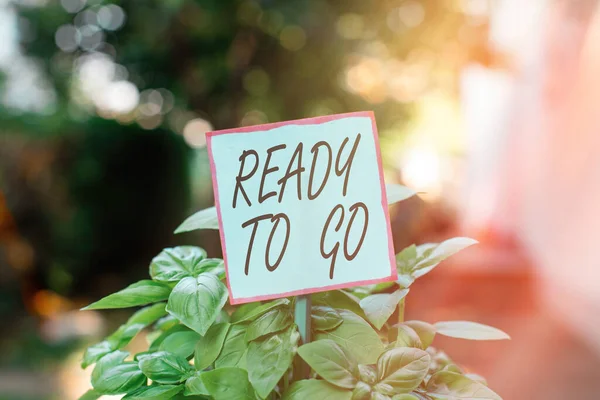 Handwriting text Ready To Go. Concept meaning prepared and suitable to move or travel to another place Plain empty paper attached to a stick and placed in the green leafy plants.