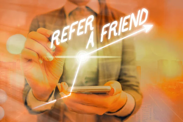 Word writing text Refer A Friend. Business concept for direct someone to another or send him something like a gift Arrow symbol going upward denoting points showing significant achievement. — Stock Photo, Image