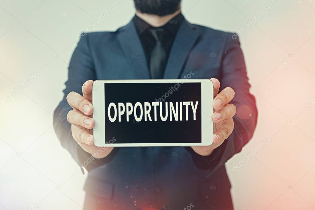 Text sign showing Opportunity. Conceptual photo an opportunity allowing you to do something you want to do Model displaying black screen modern smartphone mock-up for personal interest.