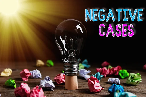 Word writing text Negative Cases. Business concept for circumstances or conditions that are confurmed to be false Realistic colored vintage light bulbs, idea sign solution thinking concept.