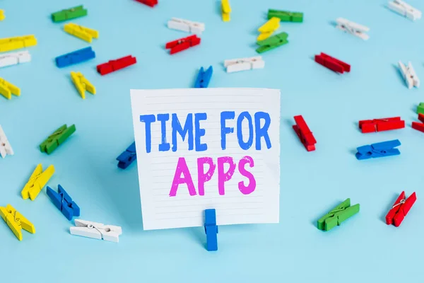 Word writing text Time For Apps. Business concept for make use of application or services using the technologies Colored clothespin papers empty reminder blue floor background office pin. — Stock Photo, Image