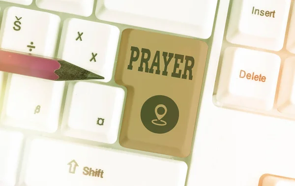 Handwriting text writing Prayer. Concept meaning solemn request for help or expression of thanks addressed to God Different colored keyboard key with accessories arranged on empty copy space. — Stock Photo, Image