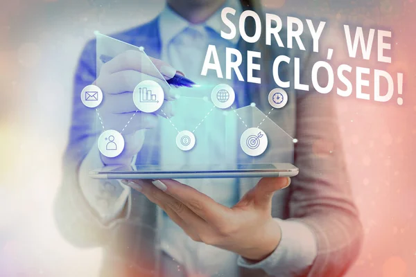 Conceptual hand writing showing Sorry, We Are Closed. Business photo text apologize for shutting off business for specific time Arrow symbol going upward showing significant achievement. — Stock Photo, Image