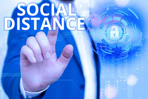 Handschriftliches Textschreiben Social Distance. Konzeptionelle Foto Aufrechterhaltung eines hohen Intervalls physische Distanz für die öffentliche Gesundheit Grafik Vorhängeschloss für Web-Daten Information Security Application System — Stockbild Handschriftliches Textschreiben Social Distance. Konzept, das die Aufrechterhaltung eines hohen physischen Abstands für die öffentliche Gesundheit bedeutet Graphisches Vorhängeschloss für das Anwendungssystem zur Datensicherheit im Web. — Stockfoto