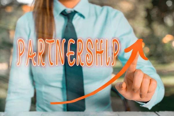 Handwriting text writing Partnership. Concept meaning business type in which two or more individuals share ownership digital arrowhead curve rising upward denoting growth development concept. — Stock Photo, Image