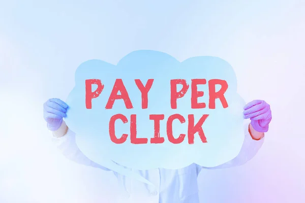 Writing note showing Pay Per Click. Business photo showcasing internet marketing in which payment is based on clickthrough Laboratory technician featuring empty paper accessories smartphone. — Stock Photo, Image