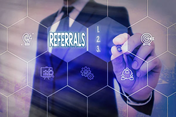 Conceptual hand writing showing Referrals. Business photo text someone or something to research study or take any further action Grids and different icons latest digital technology concept. — Stock Photo, Image