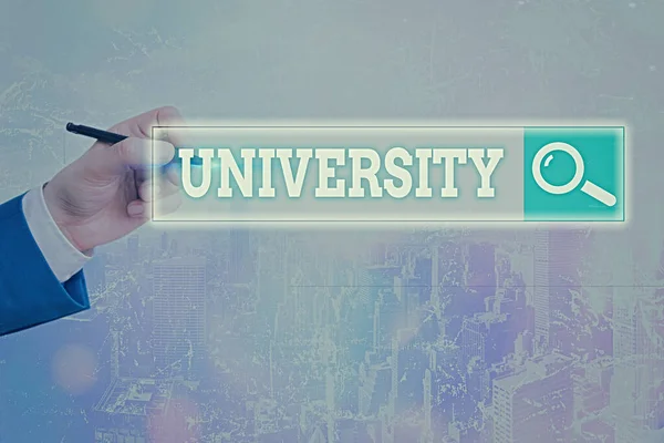 Handwriting text writing University. Concept meaning an educational institution designed to teach and investigate Web search digital information futuristic technology network connection. — Stock Photo, Image
