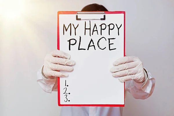 Text sign showing My Happy Place. Conceptual photo something nice has happened or they feel satisfied with life Laboratory blood test sample shown for medical diagnostic analysis result.