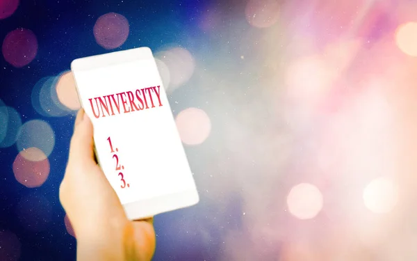 Conceptual hand writing showing University. Business photo showcasing an educational institution designed to teach and investigate Modern gadgets white screen under colorful bokeh background. — Stock Photo, Image