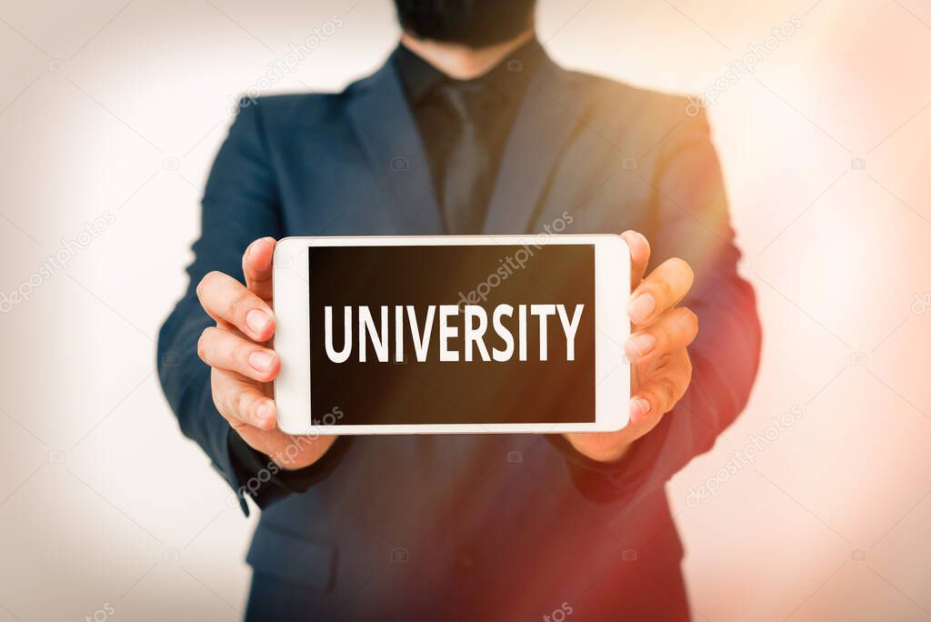 Text sign showing University. Conceptual photo an educational institution designed to teach and investigate Model displaying black screen modern smartphone mock-up for personal interest.