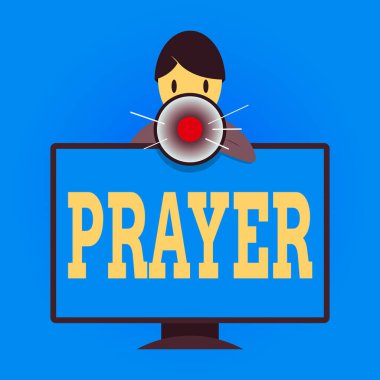 Duayı gösteren bir not yazıyorum. Yardım ya da teşekkür için resmi bir talep sunan iş fotoğrafı monte edilmiş PC Monitör Konuşması ve Megafon Tutma 'nın arkasındaki Tanrı' ya hitaben.